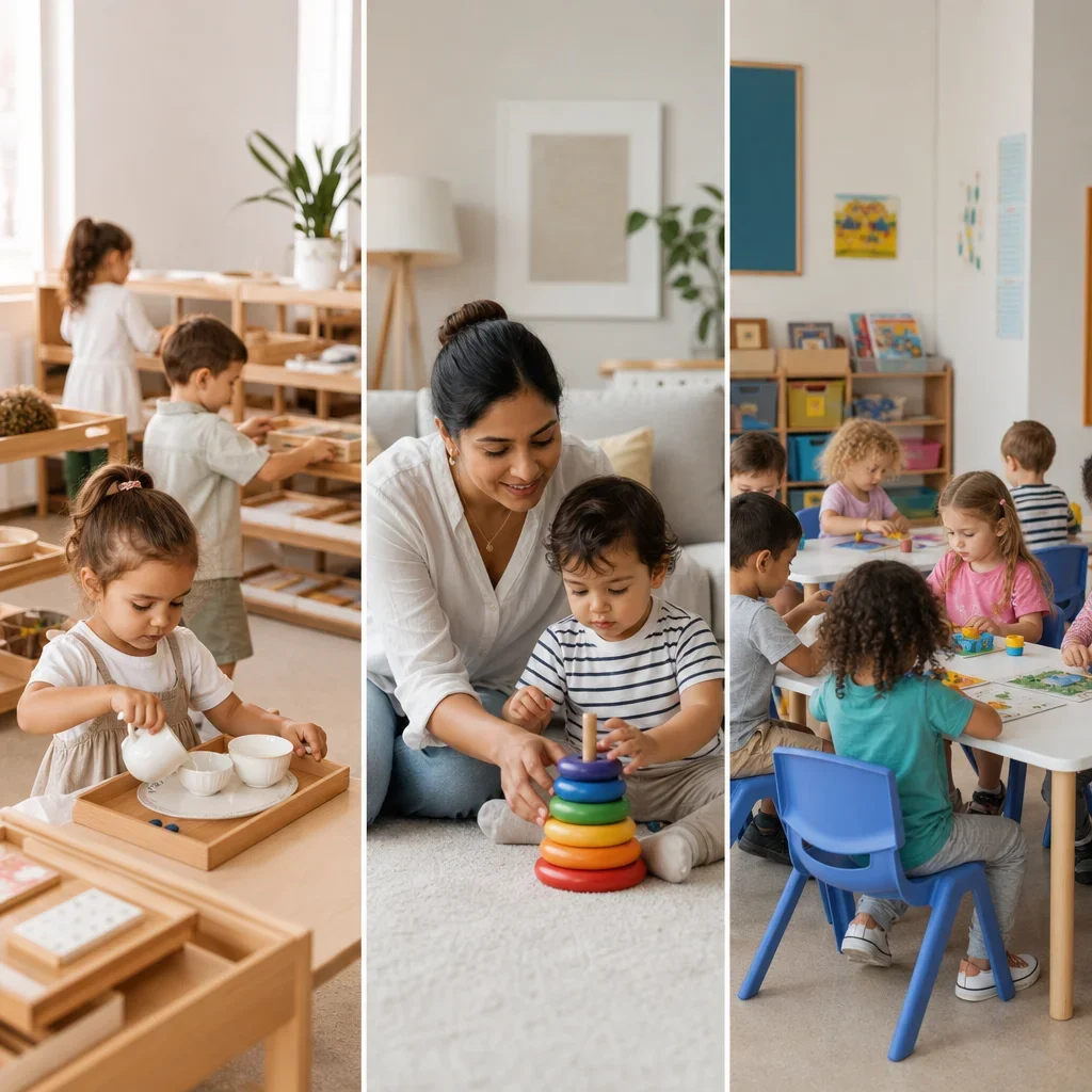 A visual comparison of Montessori care, preschool, and nanny care settings.