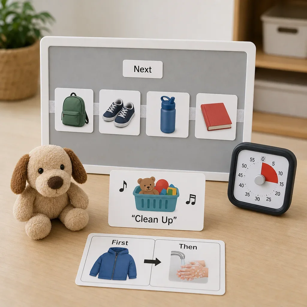 A set of toddler transition tools including a visual schedule, timer, and first-then cards.
