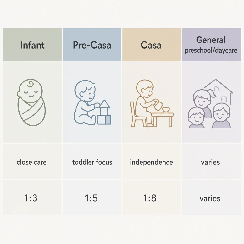 A simple comparison chart of Infant, Pre-Casa, Casa, and general preschool/daycare.