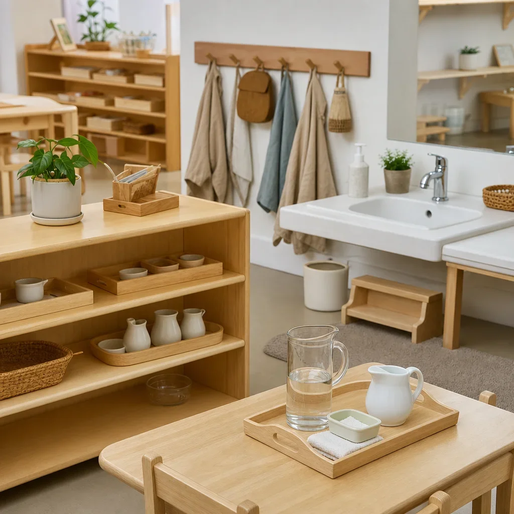 A prepared Montessori classroom with low shelves, child-sized furniture, and practical life materials.