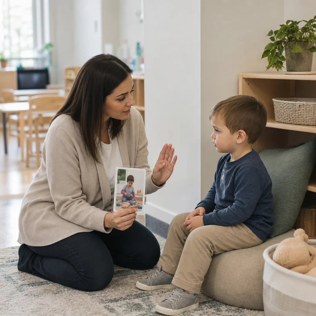 A caregiver using a photo cue to help a toddler with a transition in class.