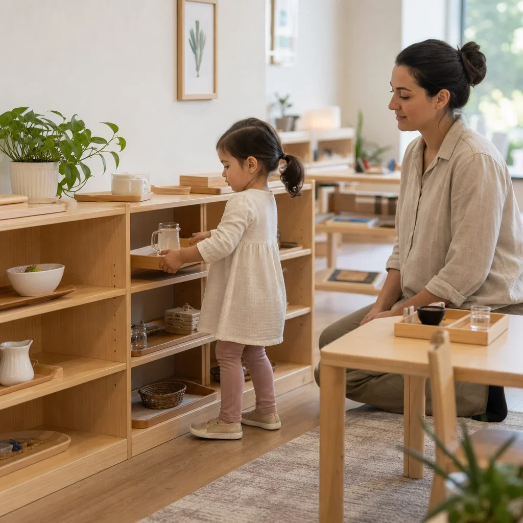A child returning Montessori work to a prepared shelf in an orderly classroom.
