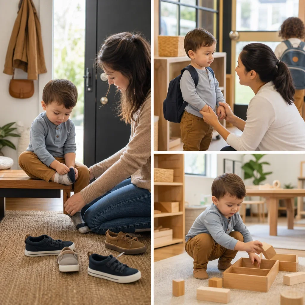 A three-part view of morning, drop-off, and clean-up transitions for toddlers.