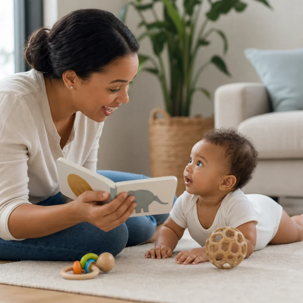 Caregiver reading and interacting with an infant on the floor during calm play.