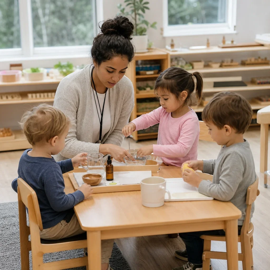 A licensed Montessori classroom with one educator supervising a small group of toddlers.