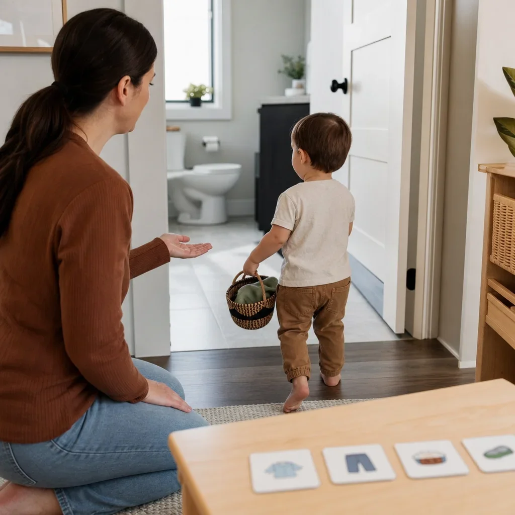 A parent guiding a toddler through a movement-based transition activity at home.