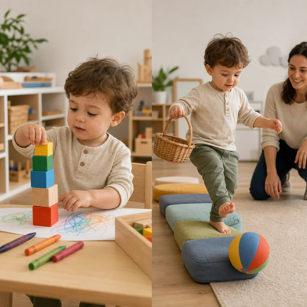 Toddler combining fine motor and gross motor play in one safe activity space.