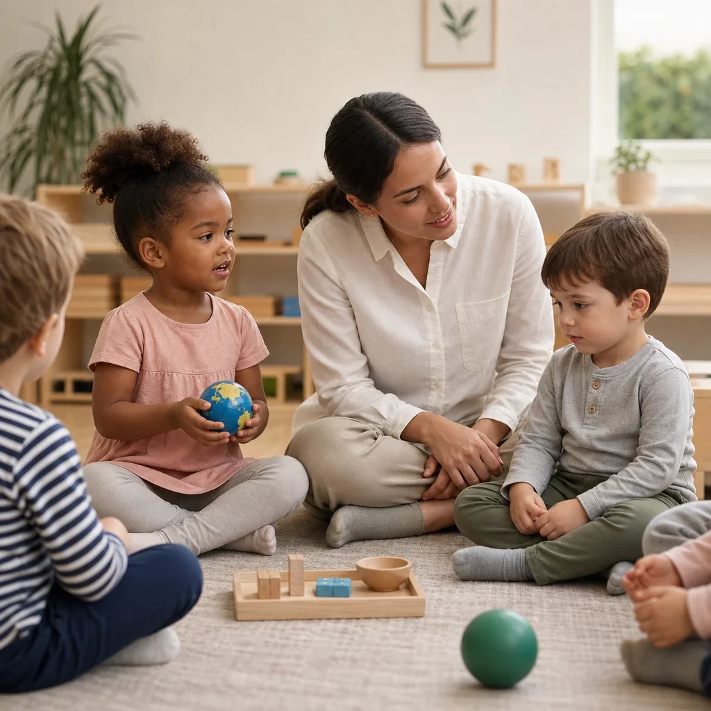 A shy toddler sits near the edge of a small circle time group with teacher support.