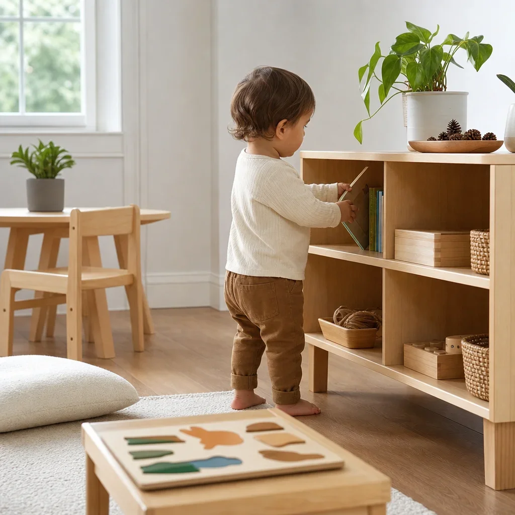 A Montessori-style home environment with accessible materials and toddler routines.