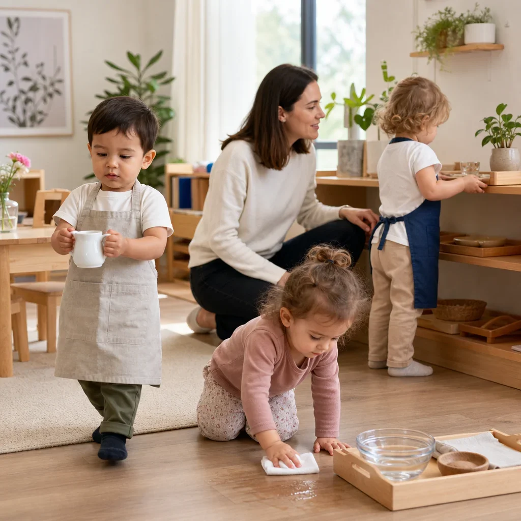 A Montessori educator guiding toddlers through practical life activities in a classroom.