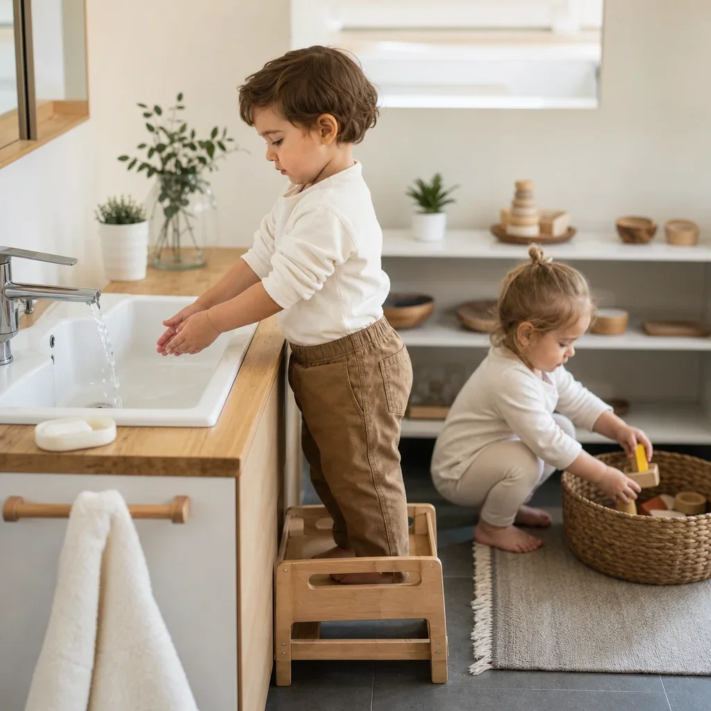 Toddler washing hands and putting toys away as practical life skills.