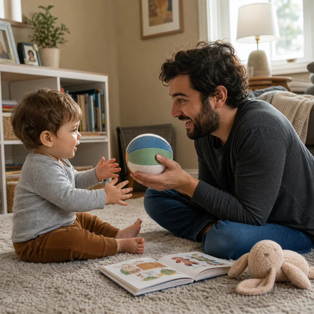 A parent and toddler rolling a ball back and forth at home.