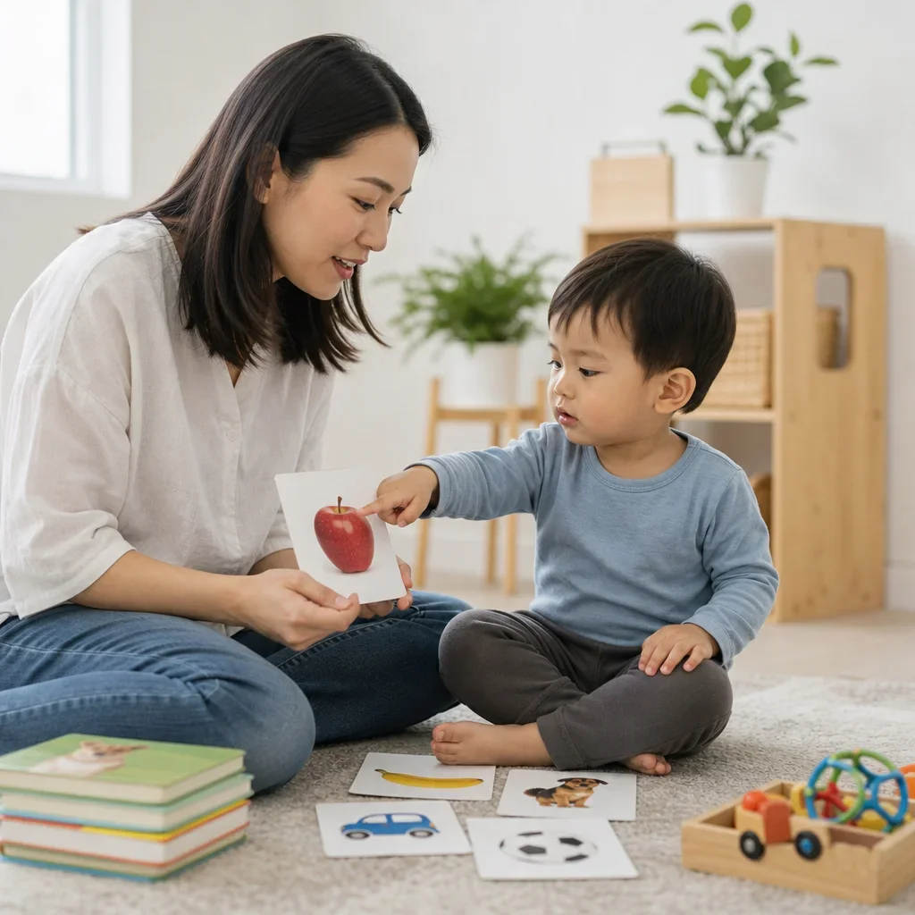 Adult and toddler practicing language with books and picture cards on a rug.