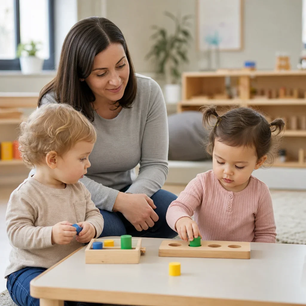 Two toddlers playing near each other while an adult supervises nearby.