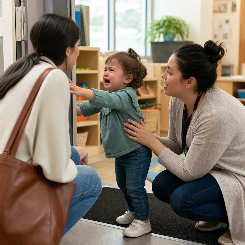 A toddler crying at drop-off while a parent and caregiver support the transition.