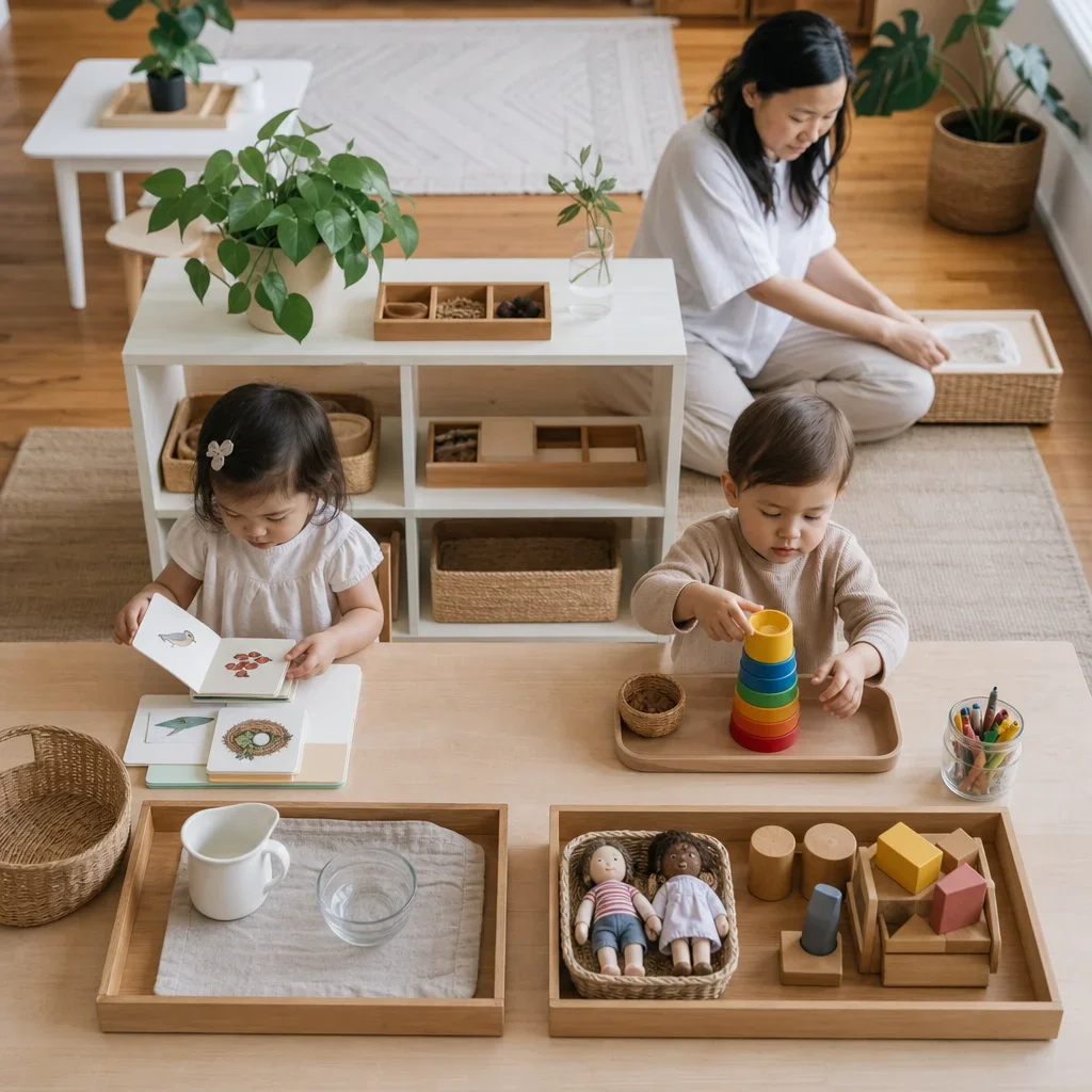 A Montessori-inspired setup showing several toddler skill areas through everyday activities.