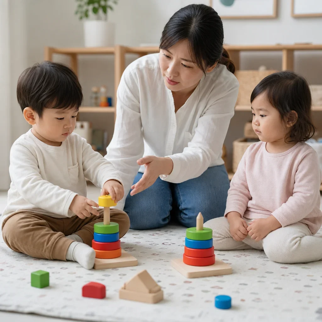 Two toddlers practicing turn-taking and parallel play with a caregiver nearby.