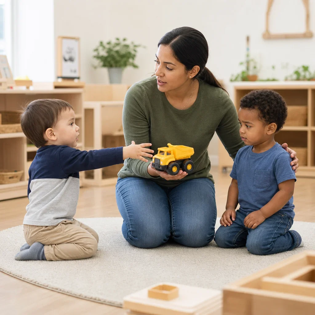 An educator calmly mediating a toy conflict between two toddlers.