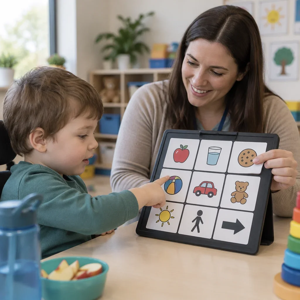 A child uses a picture communication board while an educator responds supportively.