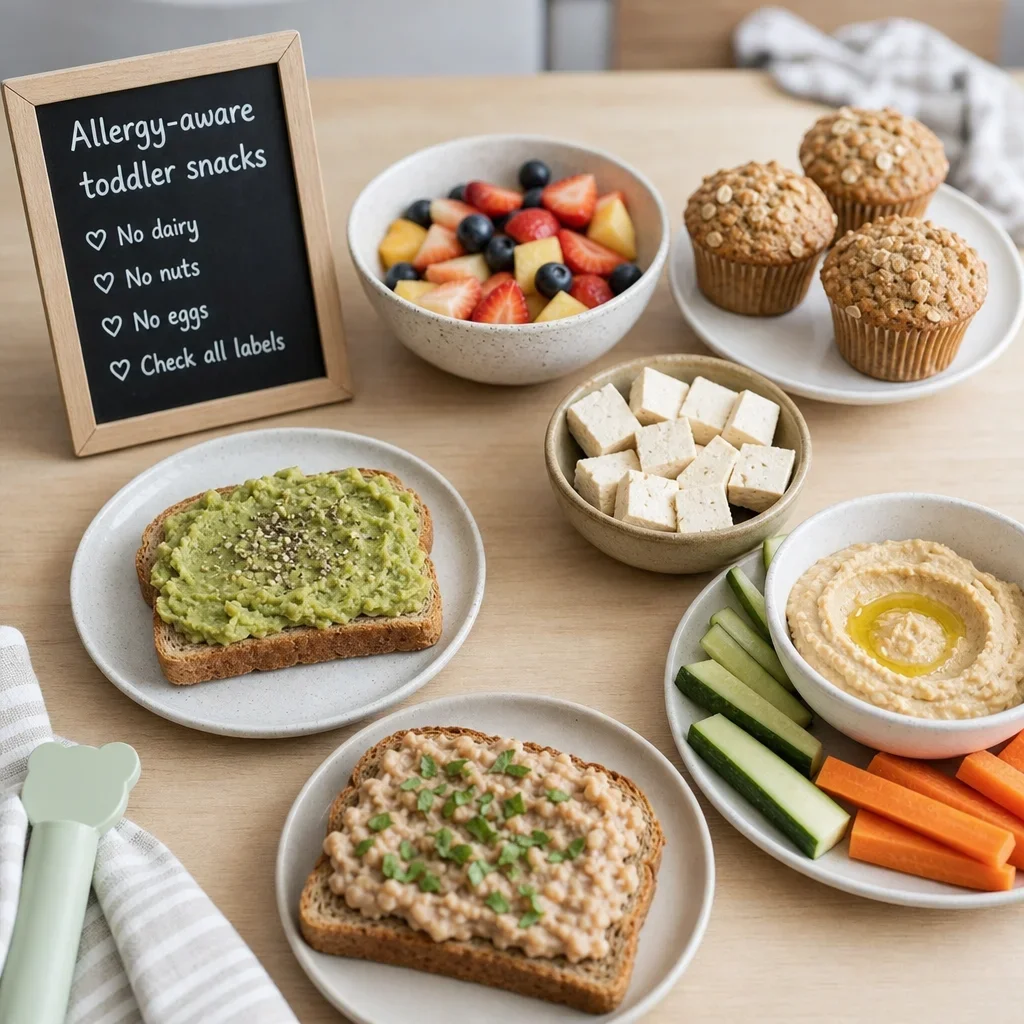 A spread of allergy-aware toddler snack options, including dairy-free and gluten-free choices.