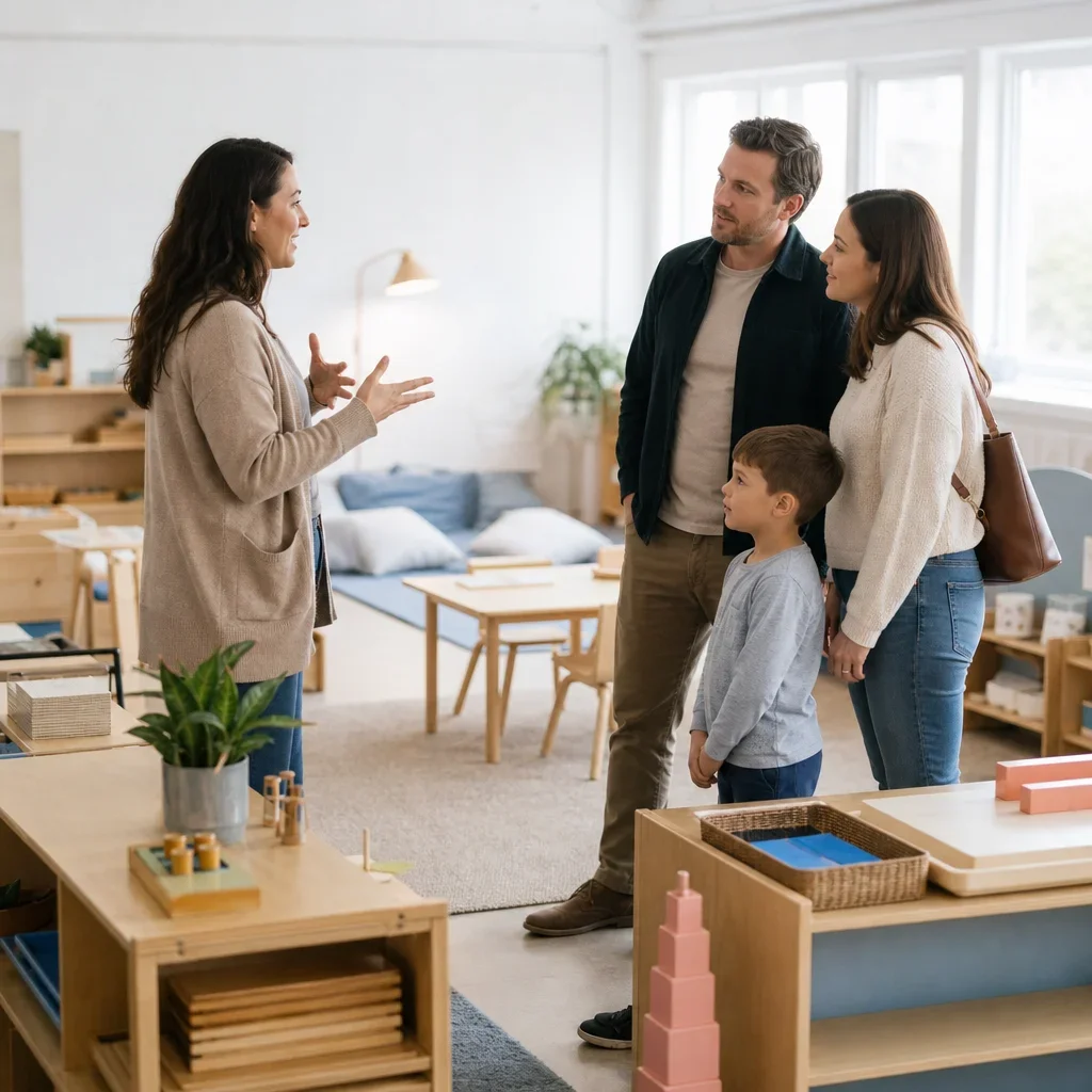 Parent and educator touring a classroom to decide between toddler and preschool placement.