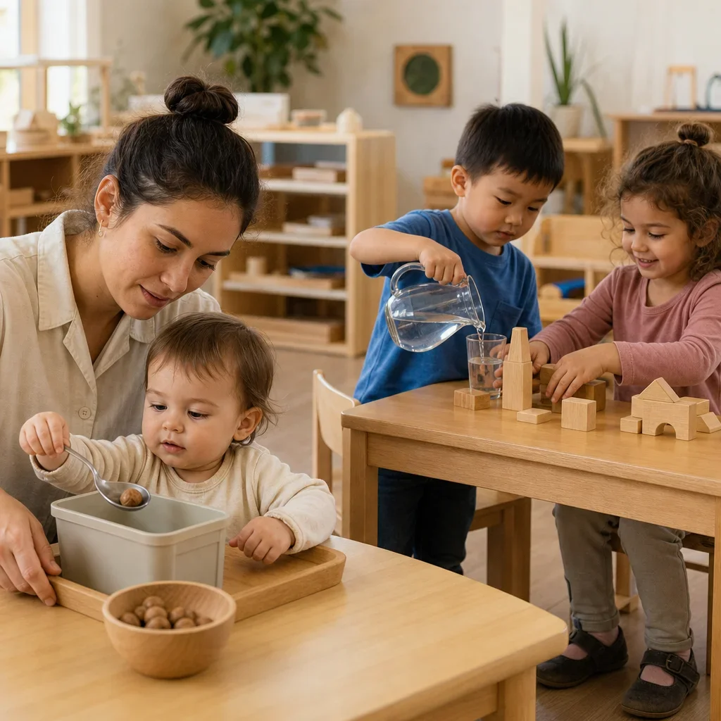 Children in an early learning classroom practicing self-help skills and collaborative play.