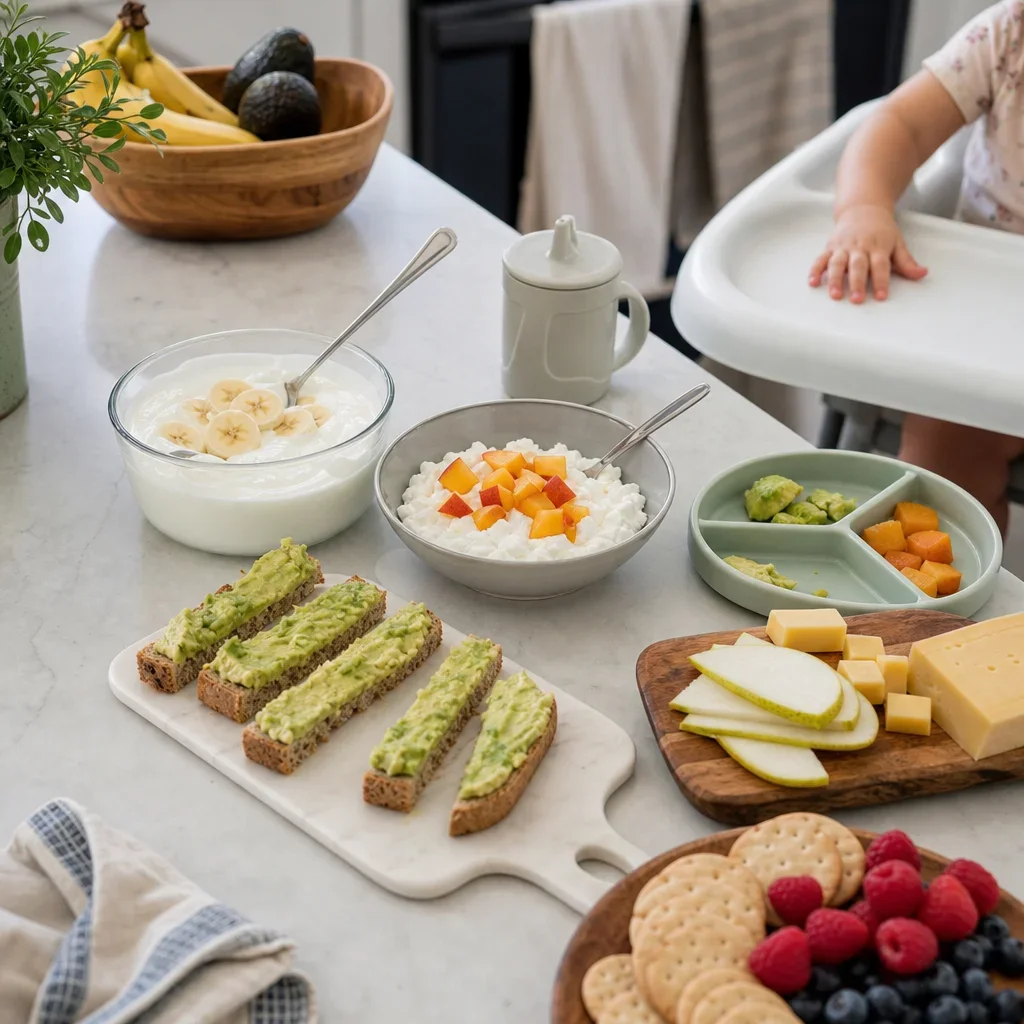 Quick no-cook toddler snacks being assembled in a kitchen.
