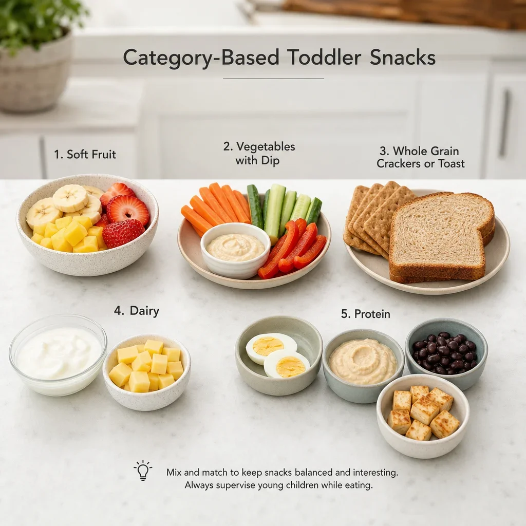 An organized assortment of toddler snacks by category, including fruit, vegetables, grains, dairy, and protein.