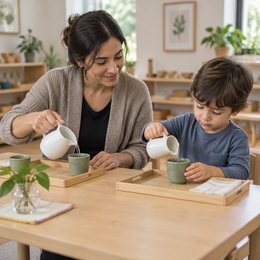 An educator models pouring water while a child takes part in a practical-life activity.