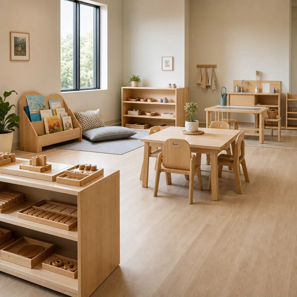 An orderly Montessori toddler classroom with child-sized furniture and open shelves.