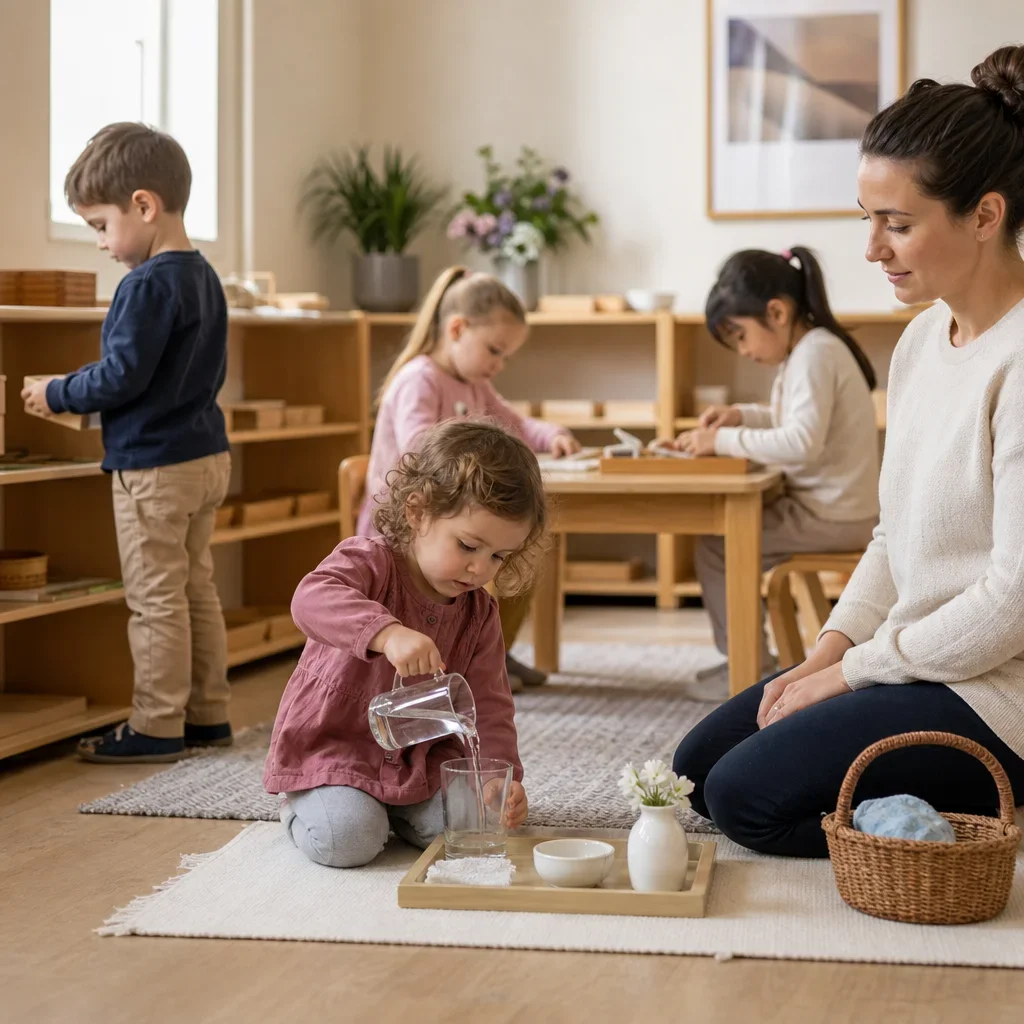 Montessori classroom with younger and older children doing practical life and independent work.
