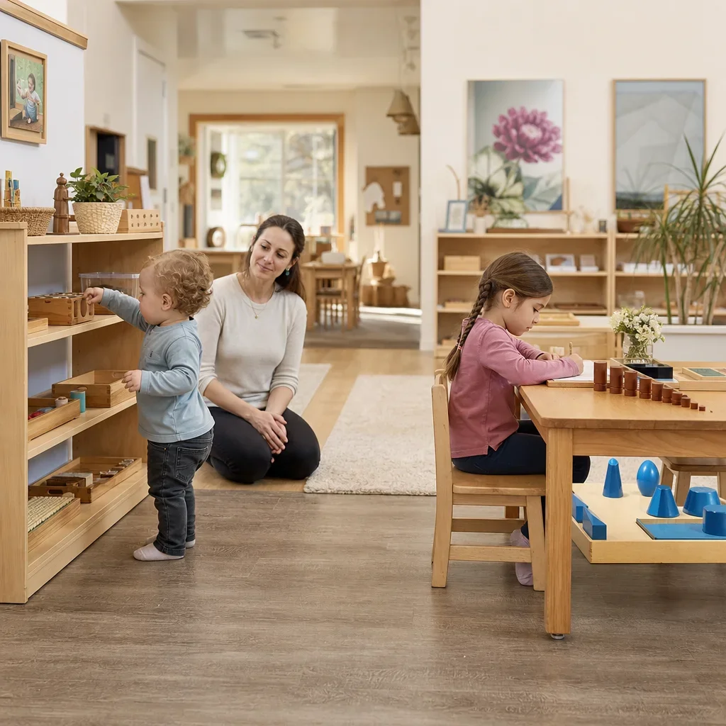 A Montessori classroom scene suggesting the progression from toddler to preschool age.