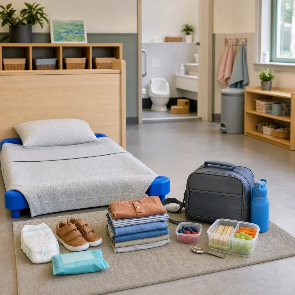 Toddler care items and a quiet nap area in a Montessori childcare setting.