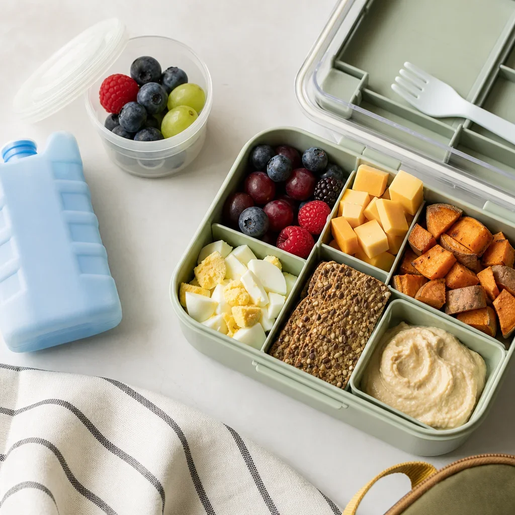 A packed toddler snack container with travel-friendly foods and an ice pack.