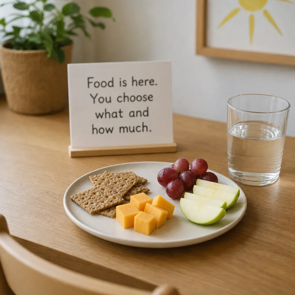 A calm snack setup for a picky toddler with familiar food and a nutritious side.