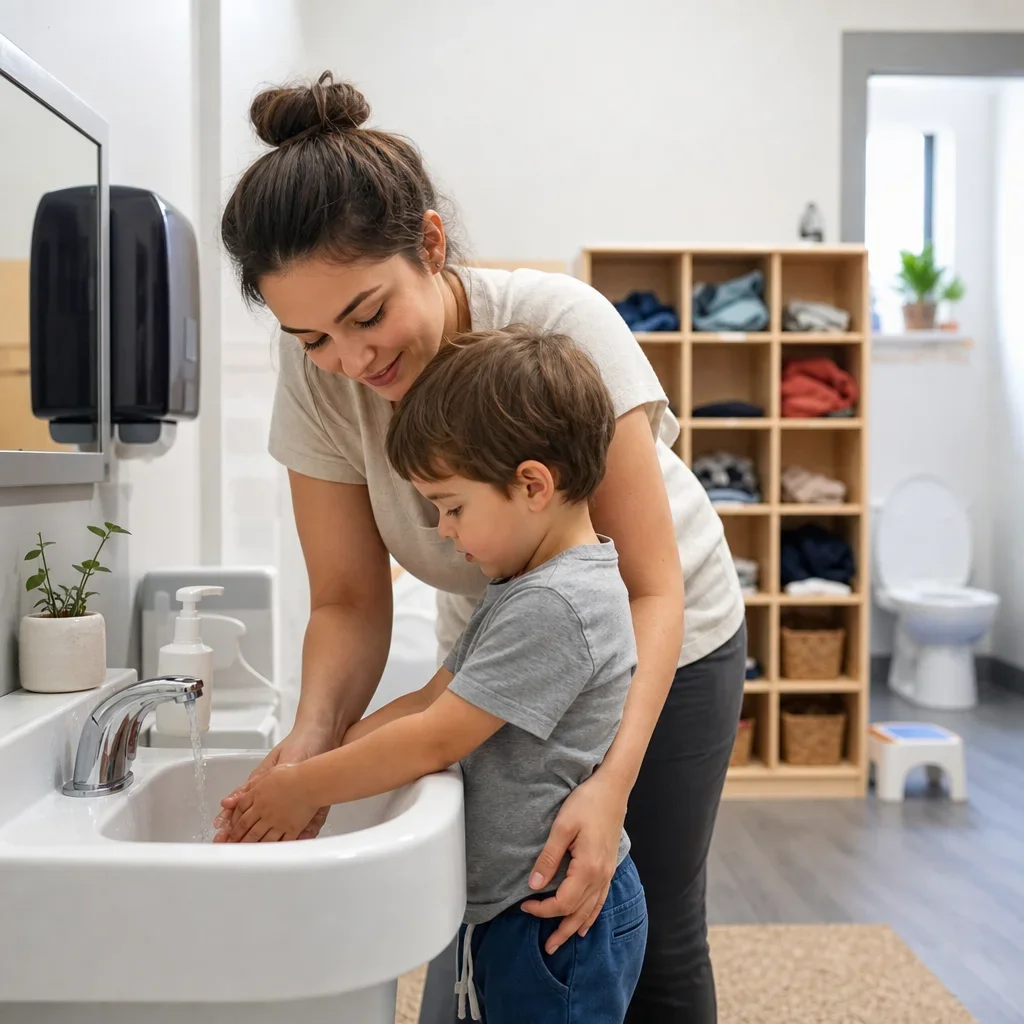 Educator helping a child with handwashing in a child-friendly washroom area.