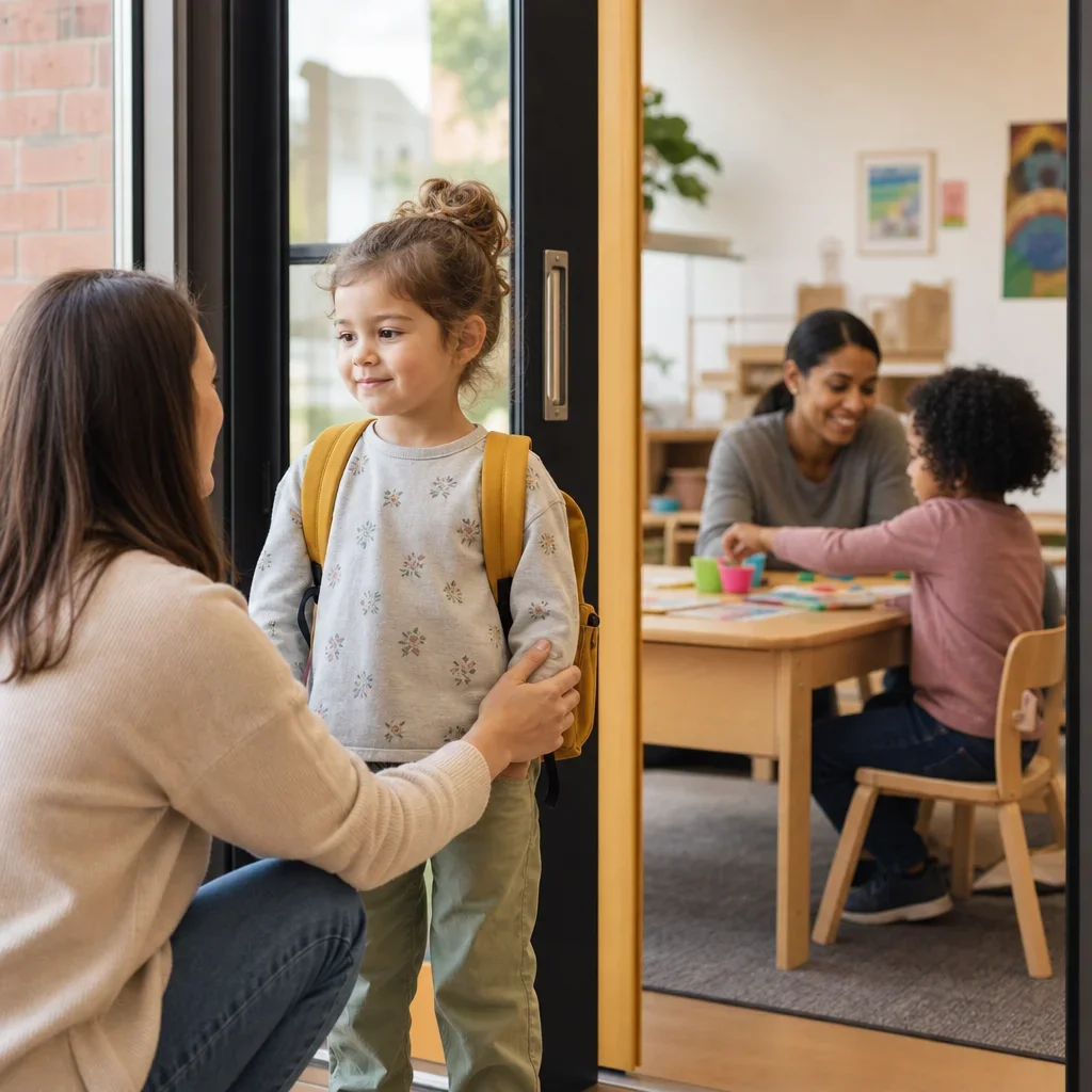 Child separating calmly at preschool drop-off while joining a simple classroom routine.