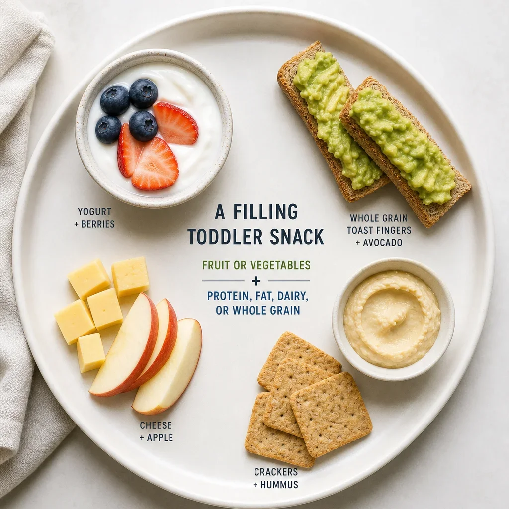 A top-down view of toddler snack pairings that combine fruit, grains, and protein-rich foods.