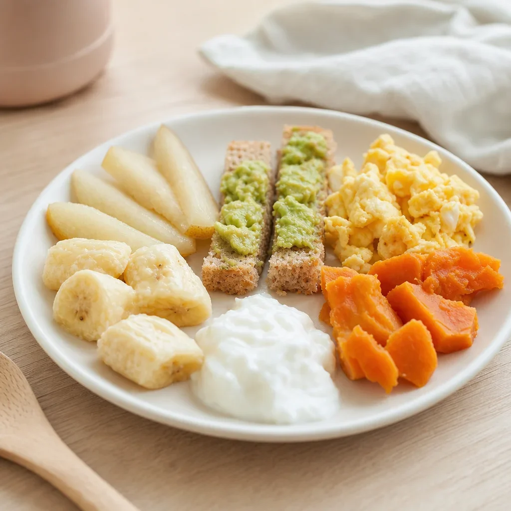 Soft snack foods for a 1-year-old arranged on a small plate.