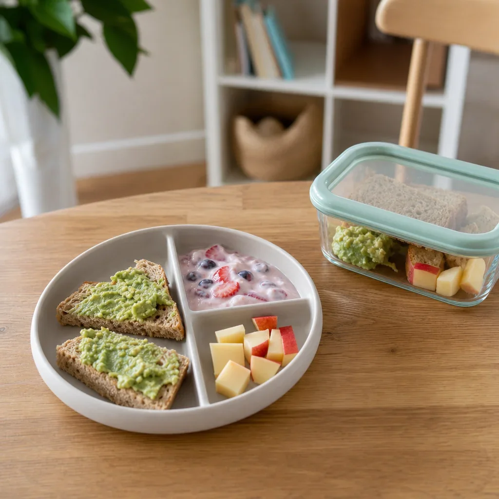 A balanced snack plate for a 2-year-old with yogurt, toast, fruit, and cheese.