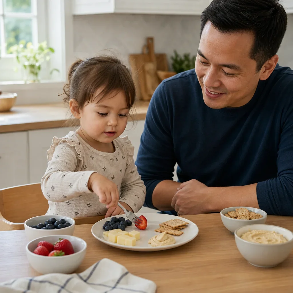 A parent and 3-year-old assembling a simple snack together.
