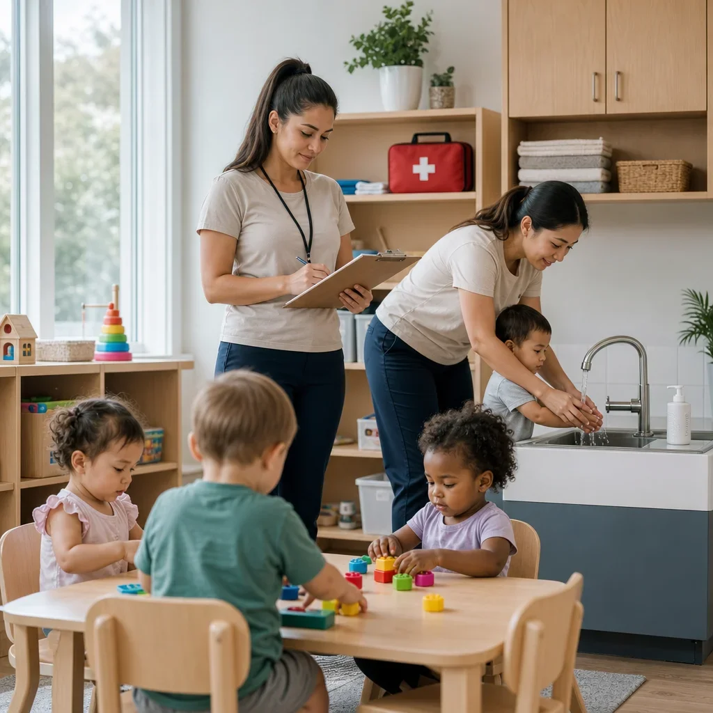 Educators supervising toddlers in a safe, licensed childcare classroom.