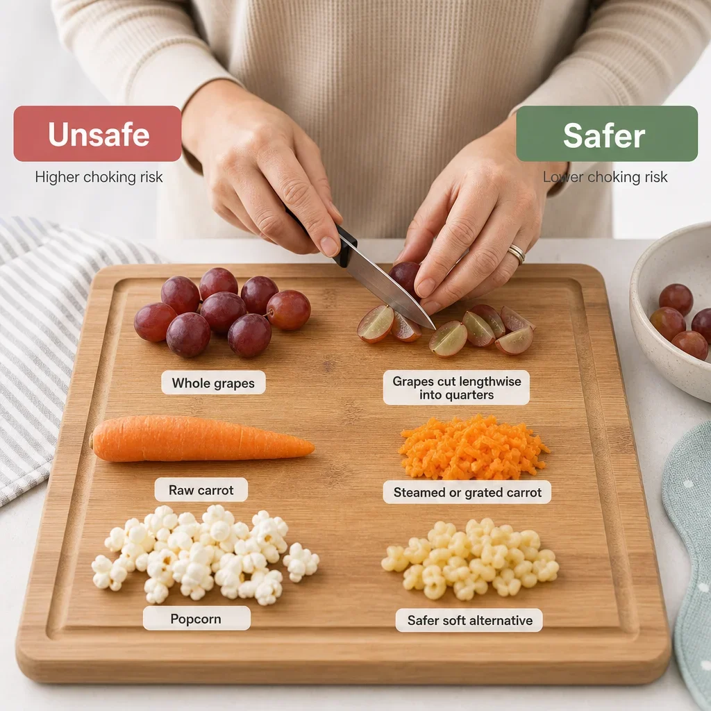 A food-prep scene showing safer toddler preparation for common choking hazards.