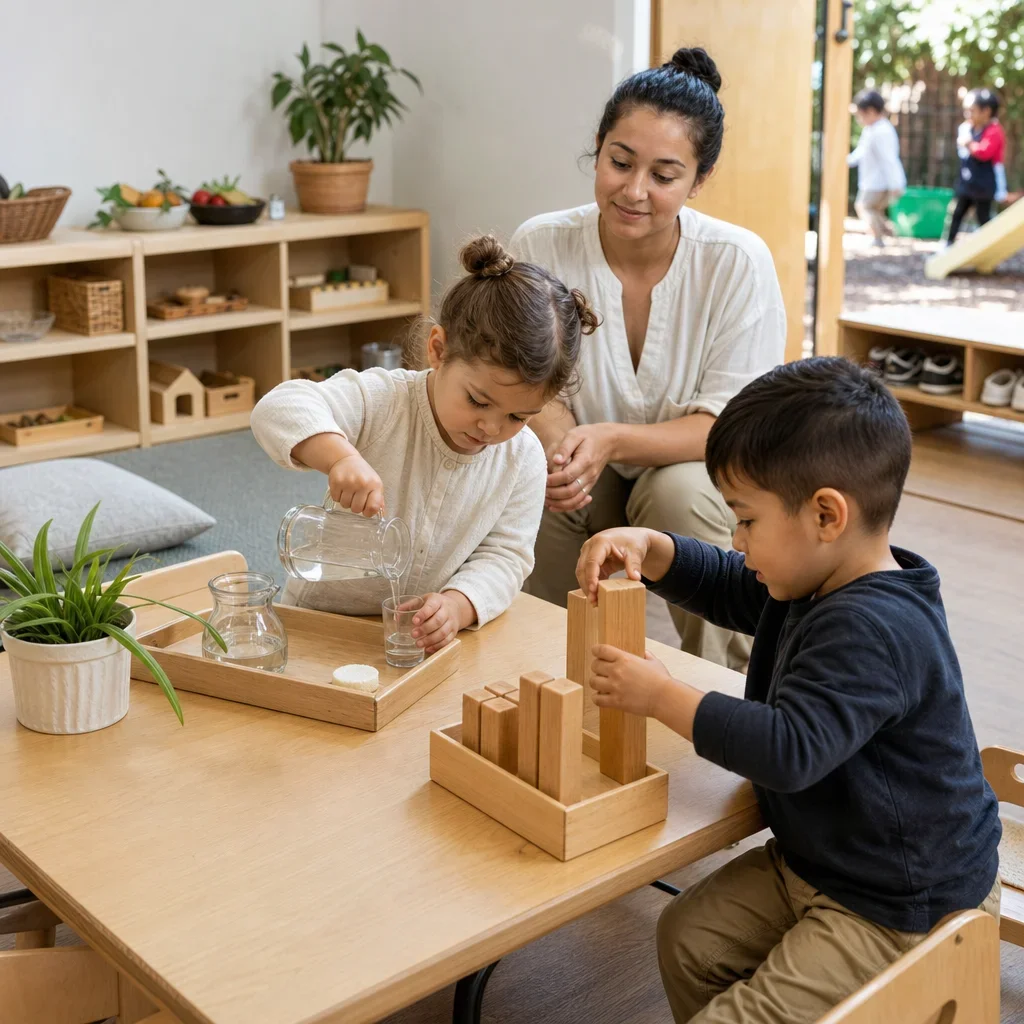 Toddlers doing Montessori activities during the day in a prepared classroom.