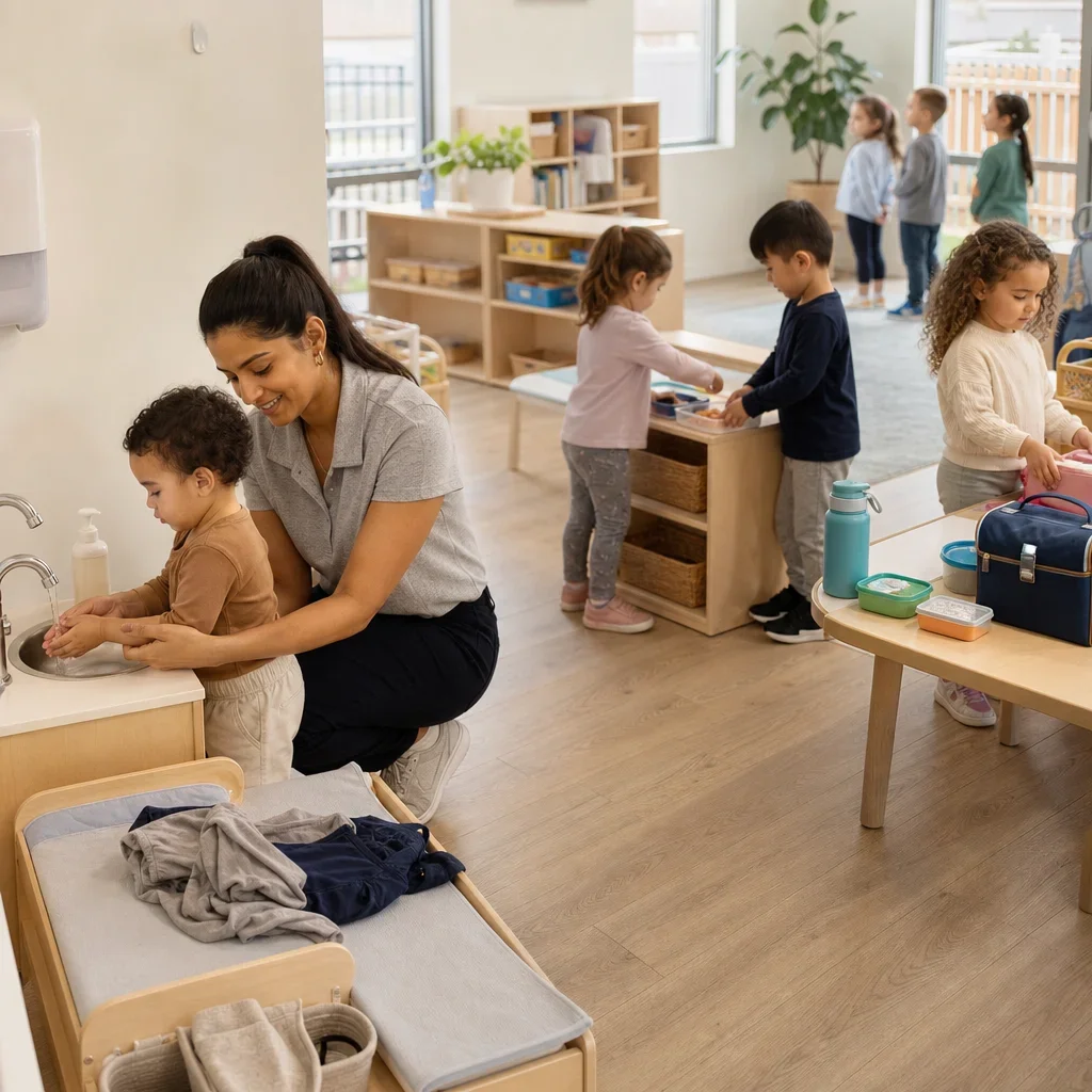 Educator helping a toddler through care routines while preschoolers clean up and prepare independently.