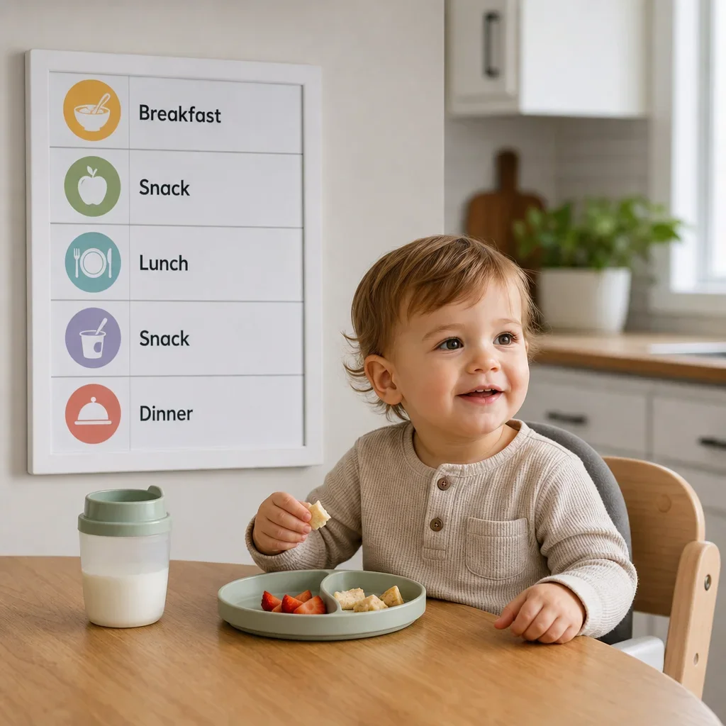 A daily toddler meal-and-snack schedule shown beside a child eating at the table.