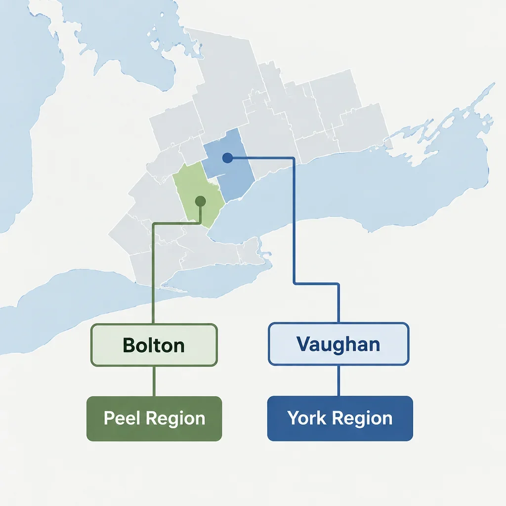 A simple jurisdiction diagram pairs Vaughan with York Region and Bolton with Peel Region.